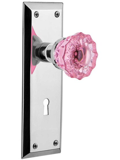 New York Mortise Lock Set with Colored Fluted Crystal Glass Knobs Pink in Polished Chrome.